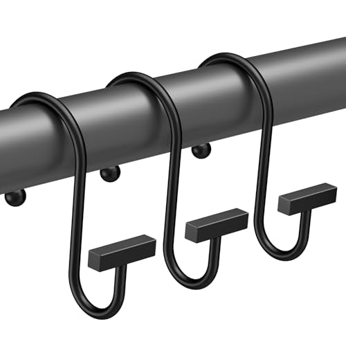 Bathway Shower Curtain Hooks, Black Shower Curtain Rings Rust Proof, 12PCS Shower Hooks for Shower Curtain, T-Bar Design Convenient Elegant Shower Curtain Hangers for Bathroom Kitchen Wardrobe - color: Black