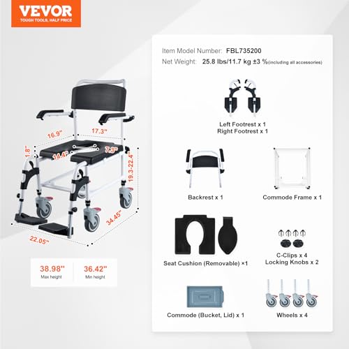 VEVOR Shower Commode Wheelchair with 4 Lockable Wheels, Footrests, Flip-up Arms, 3-Level Adjustable Height, 5L Removable Bucket, 350 LBS Capacity, Commode Chair for Adults Seniors | with 4 Lockable Wheels, Footrests, Flip-up Arms, 3-Level Adjustable Heigh