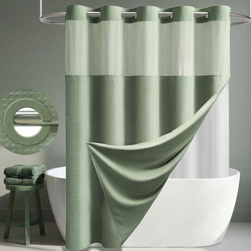 Sage Green Hook Free Waffle Shower Curtain & Snap-in Liner,60x75 | Less Time to install, 3 in 1 Fabric Shower Curtain and Liner Set with Magnets, Stall, Shower Curtains for Bathroom - color: A Sage Green, size: 60"W x 75"L (Pack of 1)