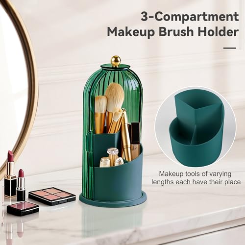 Makeup Brush Holder 360° Rotating Countertop Organizer with Lid (Green) | Transparent Sealed Lid, Waterproof, 3 Compartments, 180° Side Pull Door, for Vanity Makeup Brushes & Bathroom Toothbrushes - color: Green