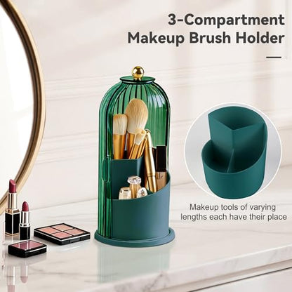 Makeup Brush Holder 360° Rotating Countertop Organizer with Lid (Green) | Transparent Sealed Lid, Waterproof, 3 Compartments, 180° Side Pull Door, for Vanity Makeup Brushes & Bathroom Toothbrushes - color: Green