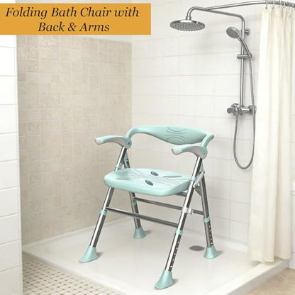 Shower Chair, Shower Chair for Elderly & Disabled, Heavy Duty Bath Stool with Arms and Back, Adjustable Height, Non-Slip Shower Bench Seat, Safe Foldable Bath Assist for Seniors Inside Bathtub Shower