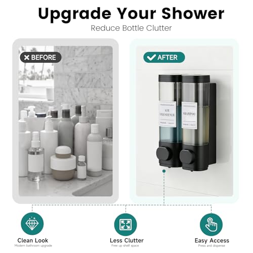Wall Mounted Shower Soap Dispenser 2 Chamber No Drill Shampoo Dispenser | Shower Dispenser for Bathroom Hotel Leak-Proof Pumps ,Large Capacity ,Black - color: 2black
