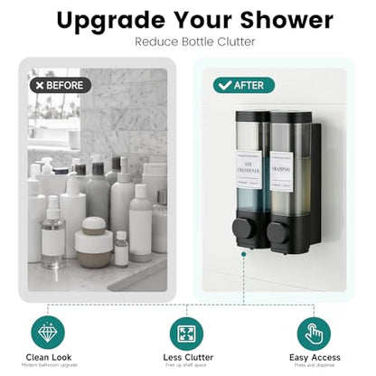 Wall Mounted Shower Soap Dispenser 2 Chamber No Drill Shampoo Dispenser | Shower Dispenser for Bathroom Hotel Leak-Proof Pumps ,Large Capacity ,Black - color: 2black