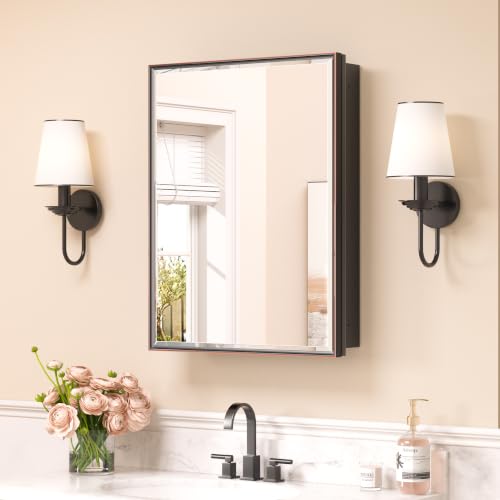 Keonjinn 20" x 26" Medicine Cabinets with Mirror for Bathroom, Oil Rubbed Bronze Bathroom Mirror with Storage, Fully Assembled, Recessed or Wall-Mounted Aluminum Alloy Framed Beveled Mirror - color: Oil Rubbed Bronze, size: Mirror: 20x26 IN, style: Single