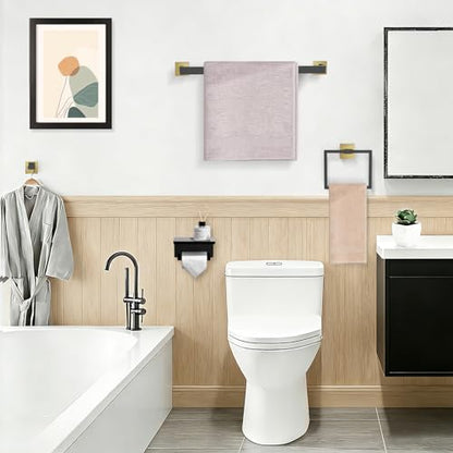 TURS Bathroom Hardware Set Black and Gold 4-Piece Towel Bar Set Include 24 Inch Towel Bar Towel Ring Towel Hook Toilet Paper Holder with Shelf Wall Mounted. - color: Black&gold, size: Set C