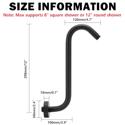 NearMoon S Shaped Shower Head Riser Arm, Shower Extender Arm with Flange, Standard 1/2" Connection- Bathroom Accessory (12 Inch, Matte Black) - color: Matte Black, style: 12 Inch