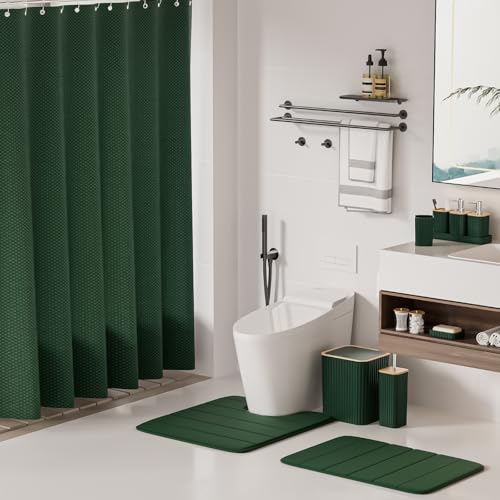 XLHOMO Bathroom Accessories Set - 25PC Green Bathroom Set, Bathroom Set with Shower Curtain and Rugs, Green Shower Curtain Set, Toilet Brush, Bathroom Trash Can - size: Bath Set+Shower Curtain+Rugs, style: Dark Green