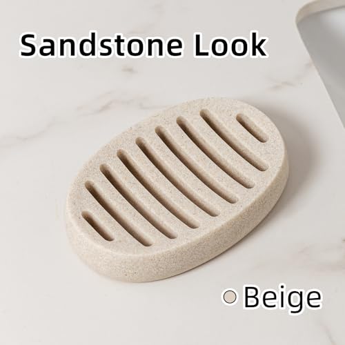 Soap Dish, Simple Oval Bar Soap Holders, Self Draining, Beige | Modern,Sandstone Look, Soap Saver Spone Holder Tray for Shower Bathroom Sink Countertop Kitchen Bathtub - color: Beige