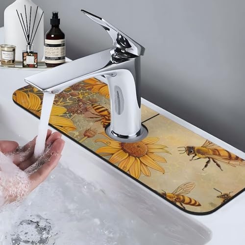 Rural Honey Bees flowers Printed Diatomite Kitchen Faucet Mat, Water Absorbent Sink Splash Guard, Quick Drying Faucet Pad , Non-Slip Sink Accessories for Kitchen Bathroom Counter (15" X 5.5" )