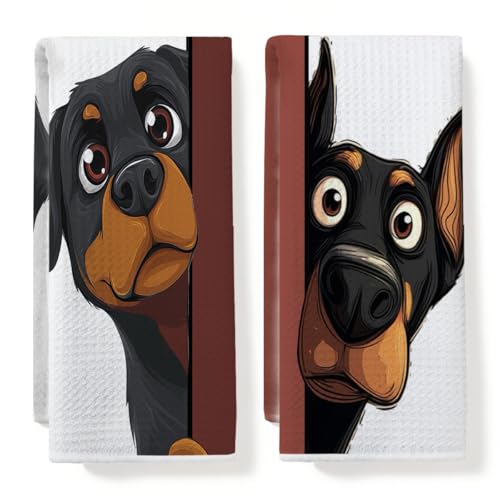 2 Pcs Funny Dog Kitchen Towels, Cute Doberman Gifts Hand Towel 14x24 Inches | Tea Towels for Kitchen Bathroom Home Decor, Rottweiler Waffle Absorbent Dish Towel, Dog Lover Gifts for Women Mom Friends - color: Multi 0181