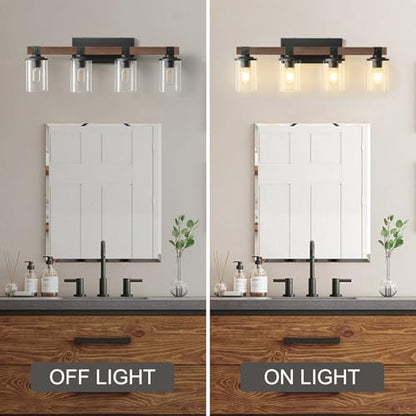 Bathroom Vanity Light Fixtures 4 lights Wooden Farmhouse Vanity Lights | Rustic Bathroom Lights over Mirror with Clear Glass Shade Black Industrial Wall Sconce for Bathroom Bedroom Hallway - color: Antique Wood 4Light