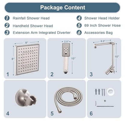 BRIGHT SHOWERS High Pressure Rain Shower Head Combo with Double Extension Arm, 8 Inch Rainfall Shower Head with Handheld Spray, Height Adjustable Dual Square Showerhead Set, Brushed Nickel - color: Brushed Nickel, style: Dual Shower Head with Extension Ar