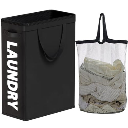 45L Slim Laundry Hamper with Removable Inner Bag & Side Handles, Black | Small Laundry Baskets with Mesh Top, Narrow Dirty Clothes Hamper for Bedroom, Closet, and Bathroom - color: Black - Inner Bag, size: 45L