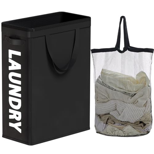 45L Slim Laundry Hamper with Removable Inner Bag & Side Handles, Black | Small Laundry Baskets with Mesh Top, Narrow Dirty Clothes Hamper for Bedroom, Closet, and Bathroom - color: Black - Inner Bag, size: 45L