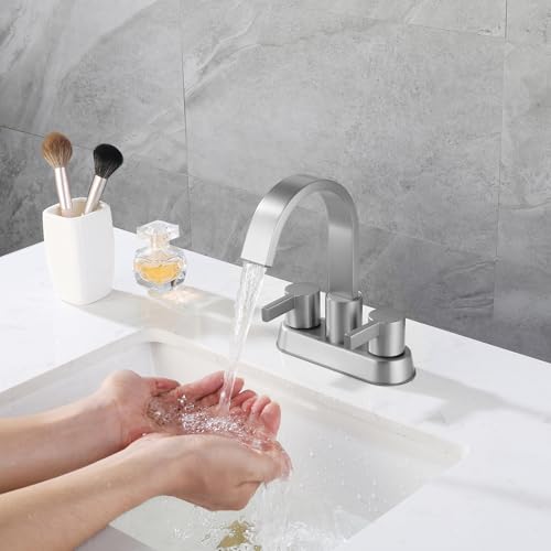 4 Inch Centerset Bathroom Faucets, Brushed Nickel Bathroom Faucet | Overflow Pop Up Drain, Modern Vanity Faucet, Deck Mount Bathroom Faucet 3 Hole - color: Brushed Nickel