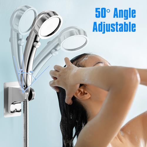 JONKEAN 3m Shower Head Holder Without Drilling Chrome 1 Pack | 2 Practical Hooks Design, Angle Adjustable Bracket, Fits G1/2 Shower Hose, Easy to Install No drilling Required - style: Chrome