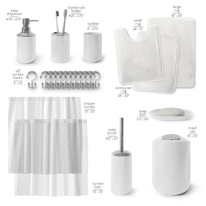 Clara Clark Bathroom Set - White Bathroom Accessories Set, Bathroom Sets with Shower Curtain and Rugs, 23PC Shower Curtain Set with Liner, Soap Dispenser, Soap Dish, Toilet Brush Holder, and Trash Can - color: White, size: Complete Set + Bath Rugs