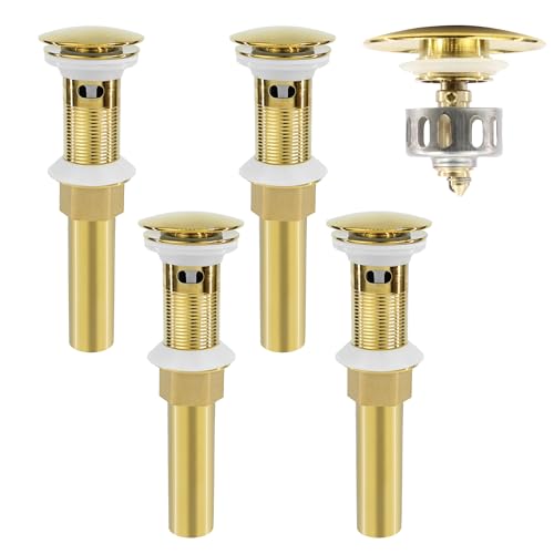 Bathroom Sink Drain, 4 Pack Gold Drain Stopper with Overflow,Pop Up Drain Assembly Without Detachable Strainer Basket,Built-in Anti-Clogging Strainer,Stainless Steel - color: 4 Pack-gold-big Cap, style: With Overflow