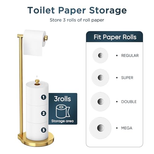 theaoo Heavy-Duty Toilet Paper Holder Stand, Bathroom Storage, Gold | Freestanding Toilet Tissue Paper Roll Holder with Reserve Storage. Stainless Steel Stand For Bathroom, Holds Extra Rolls - color: Brushed Gold