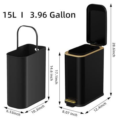 KdbK Bathroom Trash Can with Soft Close Lid, 15L/ 4 GallonRectangular Trash Can with Removable Wastebasket, Step Pedal, Slim Wastebasket for Bedroom, Home Office,B - color: Black