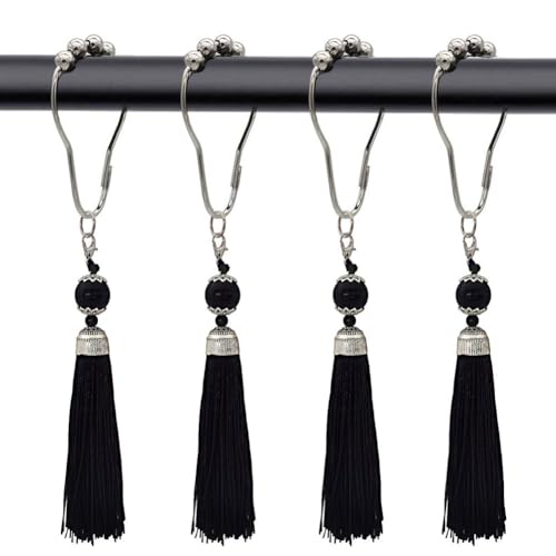 Set of 12 Boho Shower Curtain Hooks for Bathroom, Rustproof Stainless Steel Shower Curtain Rings with Tassel Decorative, Curtain Hanger Clips for Home Bathroom, Bedroom, Baby Room Decor (Black) - color: Black
