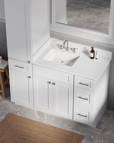 51" Bathroom Vanity with Linen Storage Tower and 4 Drawers, Carrara Quartz Top and Ceramic Sink, Left or Right Tower Option, Solid Wood Frame, 52" x 22" x 72" (White, Left Tall Cabinet) - color: White
