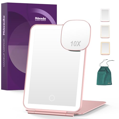 Mocado Travel Makeup Mirror with Light, 1x/10x Magnifying Mirror with Light | Magnetic 10x Magnifying, 3 Colors Light, 0-100% Brightness Adjustable, 2000mAh Rechargeable, Memory Function(Rose Gold) - color: A-rose Gold