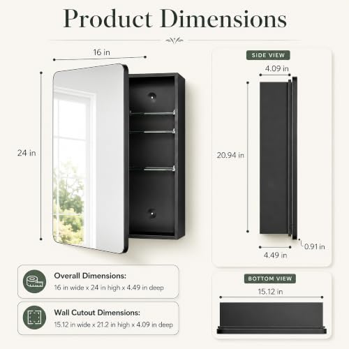 16x24 Medicine Cabinet with Mirror, Aluminum Bathroom Wall Organizer, Pre-Assembled, Center Partition for Tall Bottles, 6 Adjustable Shelves, Soft-Close, Recessed/Surface Mount, Matte Black - size: 16" x 24"