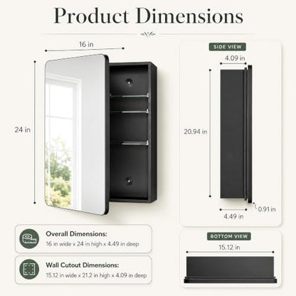 16x24 Medicine Cabinet with Mirror, Aluminum Bathroom Wall Organizer, Pre-Assembled, Center Partition for Tall Bottles, 6 Adjustable Shelves, Soft-Close, Recessed/Surface Mount, Matte Black - size: 16" x 24"