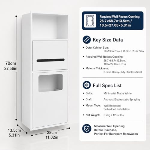 Recessed Toilet Paper Holder, Stainless Steel Shower Nich, Waterproof Bathroom Niche, Built-in Hidden Trash Can Tilt Out Trash Bin Cabinet for Kitchen Living Room Bedroom Hotel Residential (White) - color: White