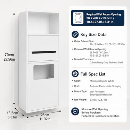 Recessed Toilet Paper Holder, Stainless Steel Shower Nich, Waterproof Bathroom Niche, Built-in Hidden Trash Can Tilt Out Trash Bin Cabinet for Kitchen Living Room Bedroom Hotel Residential (White) - color: White