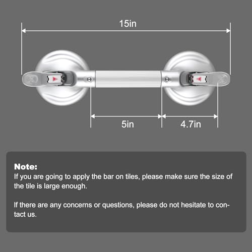 15-Inch Shower Handle - Upgraded Grab Bar with Strong Suction Cups for Bathtub & Shower Safety, Ideal for Seniors, Elderly, Disabled -Silver