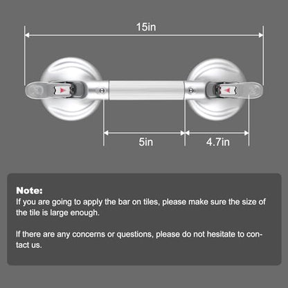 15-Inch Shower Handle - Upgraded Grab Bar with Strong Suction Cups for Bathtub & Shower Safety, Ideal for Seniors, Elderly, Disabled -Silver