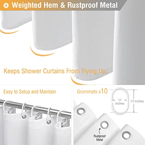54 x 78 Linen Textured Waterproof Fabric Shower Curtain Set, White | Narrow Long Size, 230GSM Polyester, Heavy Duty Cloth, Weighted Hem, 10 Hooks, Modern Luxury Hotel Style, Machine Washable - color: White, size: 54"W x 78"L (Pack of 1)