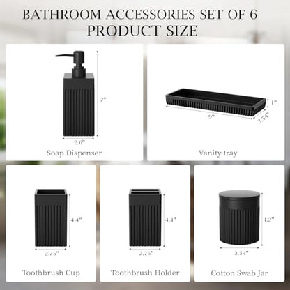 6-Piece Black Bathroom Set - Sleek Resin Organizer with Soap Dispenser, Toothbrush Holder, Vanity Tray, Tumbler & Apothecary Jars for Small Spaces - color: Black
