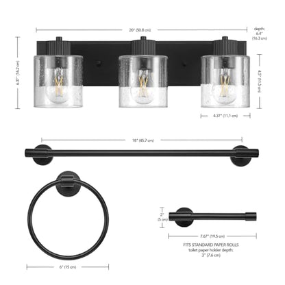 Globe Electric 4-Piece All-in-One Bathroom Set, Matte Black, 3-Light Vanity Light with Seeded Glass Shades, Towel Bar, Toilet Paper Holder, Towel Ring - color: Pale Pink