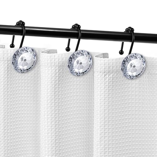 Sunlit Luxury Design Round Clear Diamond Crystal Gem Bling with Glide Balls Shower Curtain Hooks with Black Hooks, Rust Proof Metal Rhinestones Glam Shower Curtain Rings, Set of 12 - color: Clear With Black Hooks
