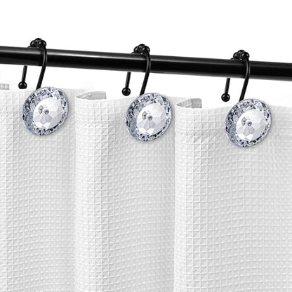 Sunlit Luxury Design Round Clear Diamond Crystal Gem Bling with Glide Balls Shower Curtain Hooks with Black Hooks, Rust Proof Metal Rhinestones Glam Shower Curtain Rings, Set of 12 - color: Clear With Black Hooks