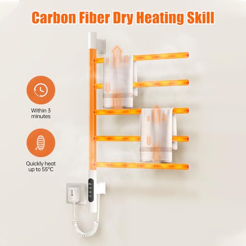 Heated Towel Racks for Bathroom, 180° Swivel Electric Towel Warmer Rack with Touch Panel, Multi-Level Timer & Temperature Adjustments, Wall Mounted 5 Bars Hot Towel Rack (White-01) - color: White, size: G63