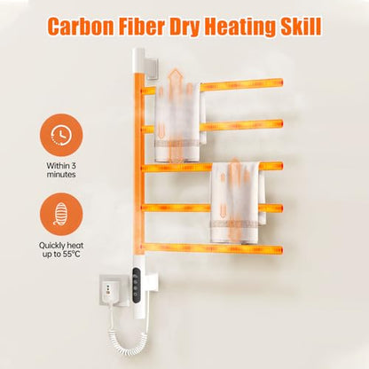 Heated Towel Racks for Bathroom, 180° Swivel Electric Towel Warmer Rack with Touch Panel, Multi-Level Timer & Temperature Adjustments, Wall Mounted 5 Bars Hot Towel Rack (White-01) - color: White, size: G63