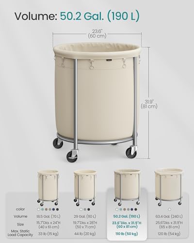 SONGMICS Laundry Basket, Rolling Steel Frame with 2 Locking Wheels, 190 L | Heavy-Duty Laundry Hamper Cart with Removable Bag, White and Metallic Silver, URLS01MZ - color: Cream White + Metallic Silver, size: 190 L (1-Section)