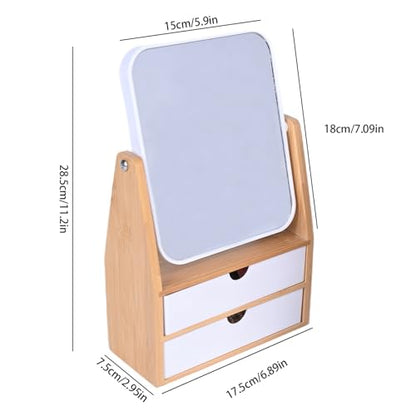 1x/5x Rectangle Magnifying Makeup Mirror, Jewelry and Cosmetics Storage Box | The Desktop Makeup Mirror Features Two Storage Compartments,360°Rotating Mirror Surface, and a Natural Bamboo Base