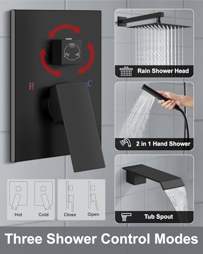 Aolemi Shower System with Tub Spout and Valve Matte Black | 10-Inch Square Wall Mounted Rainfall Shower Head and Handheld,3-Function Bathtub Shower Faucet Set - color: Black