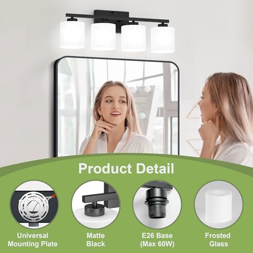 Honesorn 4-Light Vanity Lights, Matte Black Bathroom Light Fixtures | Black Bathroom Vanity Light, Wall Sconces with Milky White Frosted Shades Bedroom,E26 Socket(Bulbs Not Included) - color: Matte Black, size: 4-Light