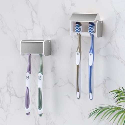 2 PCS Toothbrush Holders Wall Mounted with Cover (2, Brushed Silver) | Wall mounted, Detachable, Easy to clean, Breathable, 2 Slots Self Adhesive Toothbrush Organizer for Bathroom - color: Brushed Silver