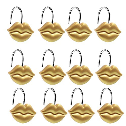 Gold Shower Curtain Hooks Rings, Gold Lips, Set of 12 | Rustproof Metal Shower Rings for Bathroom Shower Hooks for Shower Curtain