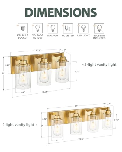 4-Light Brushed Gold Bathroom Vanity Light, Clear Cylinder Glass | 24.5" modern bathroom light fixtures over mirror, E26 base, bulbs not included, VL143-BG-4 - color: Brushed Gold, Cylinder Glass Shade, size: 4-light