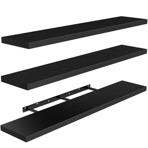 AMADA HOMEFURNISHING 47.2" L Floating Shelves, Wall Shelves Set of 3 for Bathroom/Living Room/Bedroom/Kitchen, Black Floating Shelves for Wall Decor with Invisible Brackets - AMFS55B - color: Black, size: 47.2 Inches