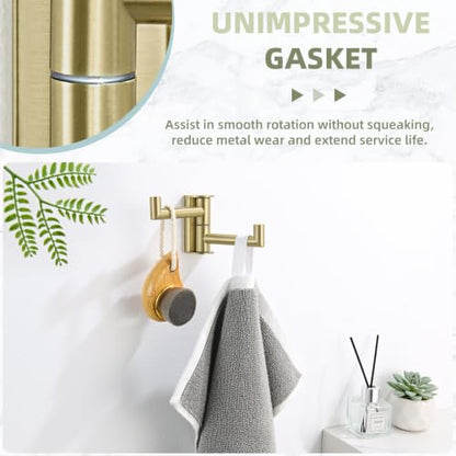 Suyar Brushed Gold Swivel Double Towel Hook, Bathroom Coat Robe Holder | SUS304 Stainless Steel Dual Hand Towel Hook, Space-Saving Solution, Wall Mounted - color: Brushed Gold, size: 1 Pack